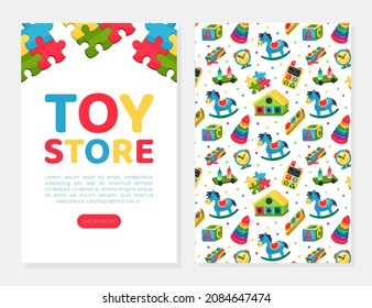 Toy Store Card Design with Colorful Plaything Vector Template