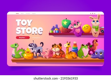 Toy store cartoon landing page with funny kids toys on wooden shelf in shop or market showcase, plush animals, piggy bank, smiling ball and robot dog for children games and playing, Vector web