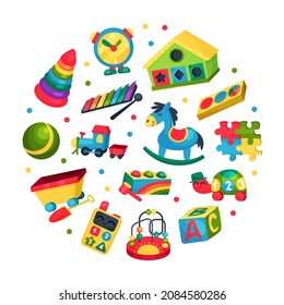 Toy Store Circle Arrangement with Colorful Plaything Vector Template