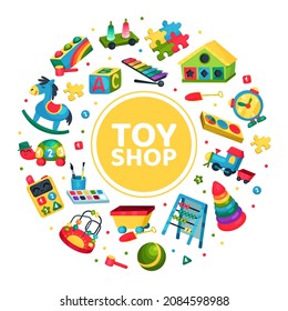 Toy Store Circle Arrangement with Colorful Plaything Vector Template