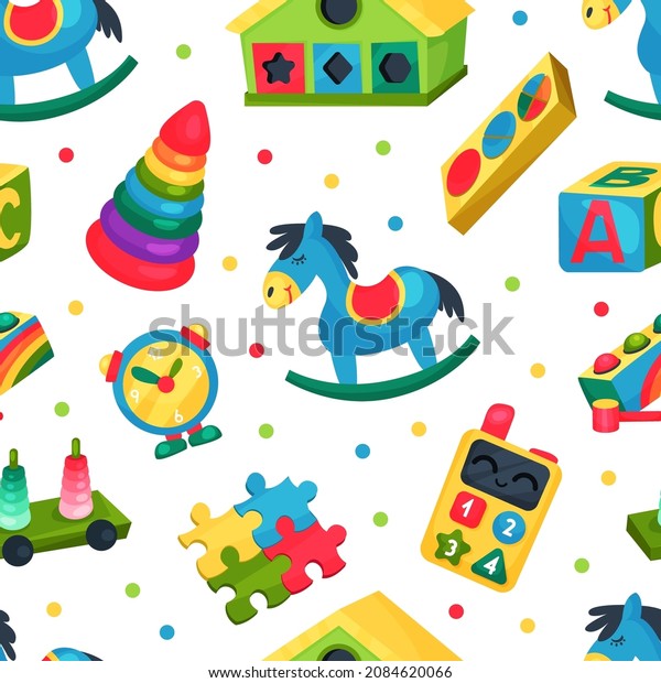 Toy Store with Colorful Plaything Vector\
Seamless Pattern Template