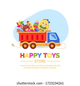 Toy store emblem with truck. Doll, bear, toy blocks, windmill propeller, ufo, rocket and pyramid set. Collection for small children. Vector colorful illustration