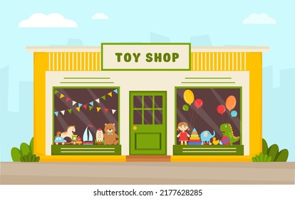 Toy store facade. Modern toy shop vector illustration. Retail trail.  Toy store window. Shop window with toys: teddy bear, doll, elephant, car, train. Front view of toy shop. 