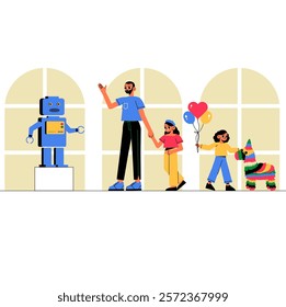 Toy Store With Family And Robot Exhibit In Flat Vector Illustration Symbolizing Play, Family Fun, And Childhood Joy, Isolated On White Background