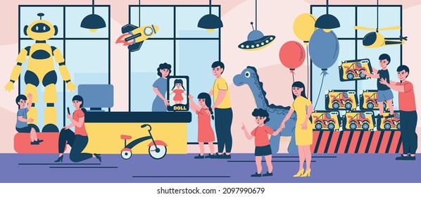 Toy store flat composition with indoor scenery of child store with shop assistants kids and adults vector illustration