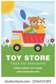 Toy store flyer. Leaflet with toys, pyramid, balloon in toy colorful truck. Toy store template with colorful plaything. Vector illustration for poster, flyer, leaflet, advertising, special offer.