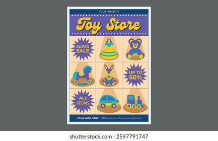Toy Store Flyer. Toy store sale flyer templates. Vector collection of leaflets with colorful cartoon stuffed animals, remote control cars, robots on shelves.