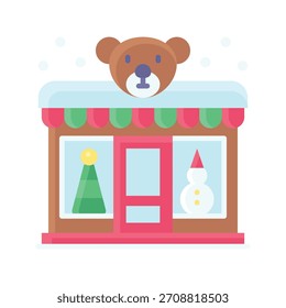 Frente de la tienda de juguetes con el icono plano del estilo del oso de peluche,