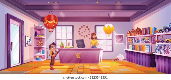 Toy store game interior vector cartoon background. Shelf in shop with kids gift. Teddy bear, balloon, books and car for child present on market shelves in sunny day. Sunlight from window near counter