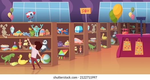 Toy store. Interior of game store for kids happy children select different toys present shelves soft animals robots transport bricks exact vector cartoon background