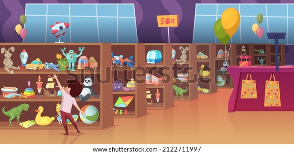 Toy store. Interior of\
game store for kids happy children select different toys present\
shelves soft animals robots transport bricks exact vector cartoon\
background