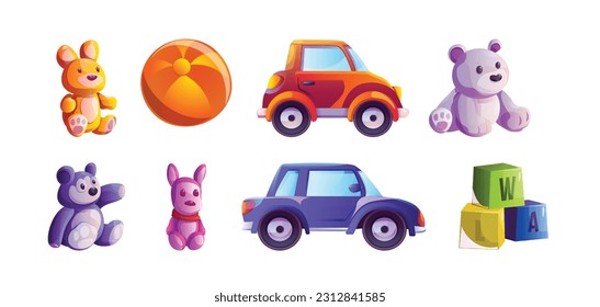 Toy store kid gift cute vector game illustration. Baby shop clipart set with car, teddy, cube and puppy clipart collection isolated on white background. Toyshop element for learning and education app