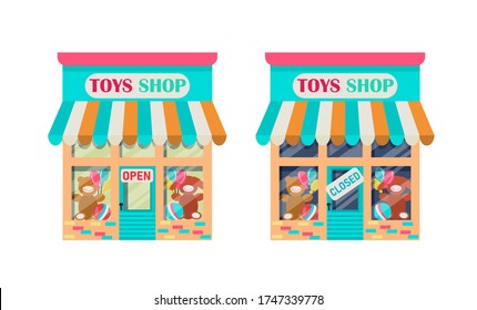 The Toy Store Is Open And Closed. Illustrations Of The Exterior Facade Of The Store Building.Collection Of Store Facades Isolated On A White Background.Vector Illustration In Flat Style