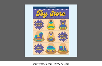 Toy Store Socials Media. Toy store sale flyer templates. Vector collection of leaflets with colorful cartoon stuffed animals, remote control cars, robots on shelves.