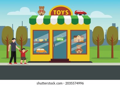 Toy store vector concept: Little son and young father going to toys store together while looking at the showcase