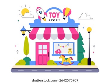 Toy Store Vector Illustration Featuring Different Types of Toys Such as Cars, Teddy Bears, Kites, Rockets, Trains, and More for Happy Children