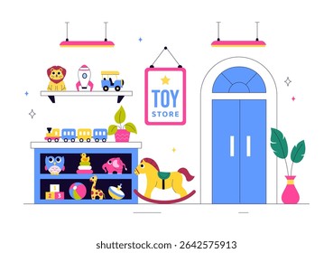 Toy Store Vector Illustration Featuring Different Types of Toys Such as Cars, Teddy Bears, Kites, Rockets, Trains, and More for Happy Children