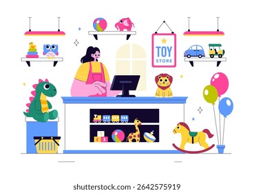 Toy Store Vector Illustration Featuring Different Types of Toys Such as Cars, Teddy Bears, Kites, Rockets, Trains, and More for Happy Children