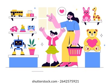 Toy Store Vector Illustration Featuring Different Types of Toys Such as Cars, Teddy Bears, Kites, Rockets, Trains, and More for Happy Children