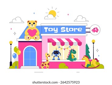 Toy Store Vector Illustration Featuring Different Types of Toys Such as Cars, Teddy Bears, Kites, Rockets, Trains, and More for Happy Children
