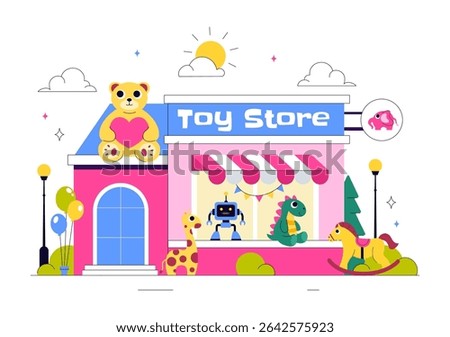 Toy Store Vector Illustration Featuring Different Types of Toys Such as Cars, Teddy Bears, Kites, Rockets, Trains, and More for Happy Children