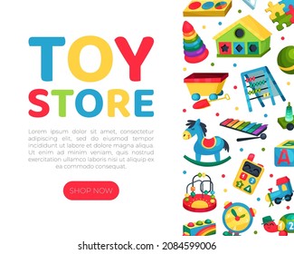 Toy Store Web Banner Design with Colorful Plaything Vector Template