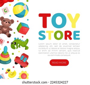 Toy store web banner template. Children store landing page, mobile app, website with space for text and toys seamless pattern cartoon vector