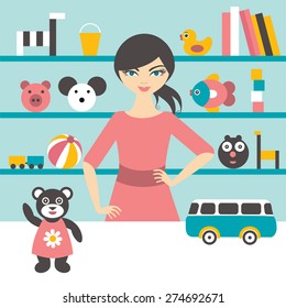 Toy stores sales woman. Flat design.