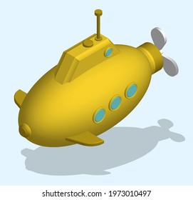 toy submarine in isometric view isolated on blue background. Children toys and entertainment. Underwater research. Realistic 3D vector