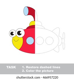 Toy submarine in vector to be traced. Restore dashed line and color the picture. Easy educational kid gaming with simple level of difficulty.
