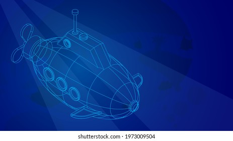 toy submarine in wireframe low poly mesh on blue underwater background. Children toys and entertainment. Underwater research. 3d vector