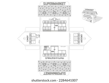 Toy supermarket house print die cut box template. Simple style, fast and easy to fold. Vector illustration 