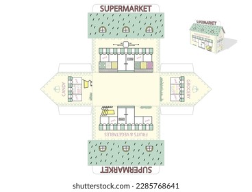 Spielzeug-Supermarkt Haus Druckstempel-Schachtel Vorlage. Einfach, schnell und einfach zu falten. Vektorgrafik 