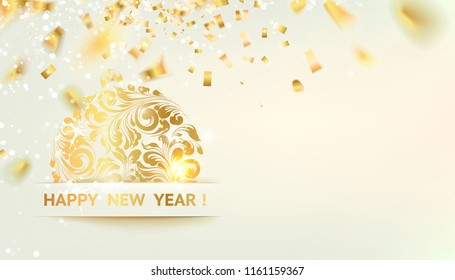 Toy symbol with curves of ribbon confetti. Golden confetti falls on the background. Happy new year 2019. The Holiday card best template for your design. Vector illustration.