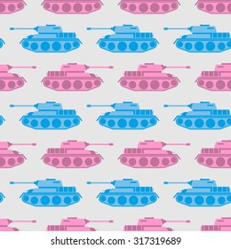 Toy tank seamless pattern. Blue and pink military toys. Vector ornament for baby tissue.
