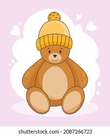 Toy Teddy bear concept. Cute little bear in orange knitted hat with pompom. Design element for postcards, covers and prints on children clothing. Cartoon contemporary flat vector illustration