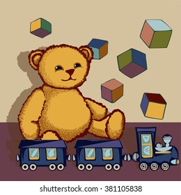 Toy teddy bear, cubes and blue train