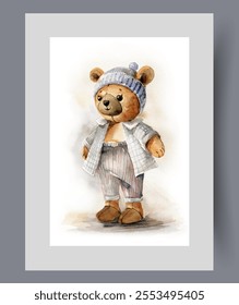 Toy teddy bear dressed in hat and pajamas for kids on poster. Watercolor artwork. Wall art with small toy bear in vintage style for children soft doll games, in frame with decor for print