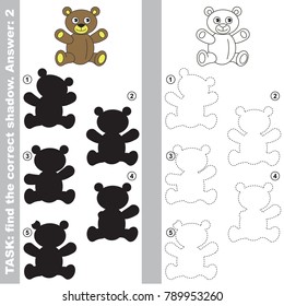 Toy Teddy Bear to find the correct shadow, the matching educational kid game to compare and connect objects and their true shadows, simple gaming level for preschool kids.