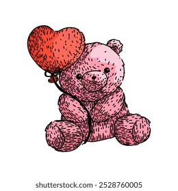 Oso de peluche de juguete dibujado a mano. Relleno lindo, abrazo de confort, amigo de la infancia juguete osito de peluche boceto de Vector. ilustración a color aislado