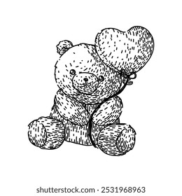 Juguete Oso de peluche dibujado a mano. Relleno lindo, abrazo de confort, amigo de la infancia Juguete Oso de peluche Boceto de Vector. ilustración negra aislada