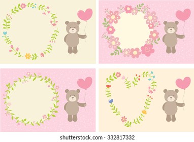 Toy teddy bear with heart on cute and sweet invitation cards. Can be used for celebration cards, invitation, baby shower cards, scrapbooking, celebration stuff like a wishes cards, name cards, etc.