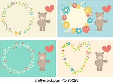Toy teddy bear with heart on cute and sweet invitation cards. Can be used for celebration cards, invitation, baby shower cards, scrapbooking, celebration stuff like a wishes cards, name cards, etc.