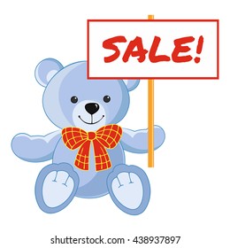 Toy teddy bear holds sign "Sale". The label on stick, banner, text frame