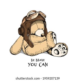 Toy Teddy bear in the pilot helmet. Funny pose. Humor textile composition, hand drawn style print. Vector illustration.