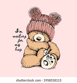 Toy Teddy bear in the pink knitted hat with pom pom. Funny pose. Humor textile composition, hand drawn style print. Vector illustration.