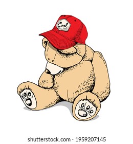 Toy Teddy bear in the red cap. Funny pose. Humor textile composition, hand drawn style print. Vector illustration.