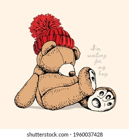 Toy Teddy bear in the red knitted hat with pom pom. Funny pose. Humor textile composition, hand drawn style print. Vector illustration.