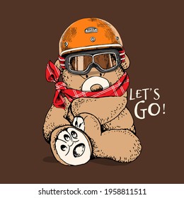 Toy Teddy bear in the retro bikers helmet with glasses and in the neckerchief. Humor textile composition, hand drawn style print. Vector illustration.