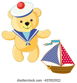 Toy teddy bear seaman, textile boat, sailboat. Summer, sea, vacation, holiday.